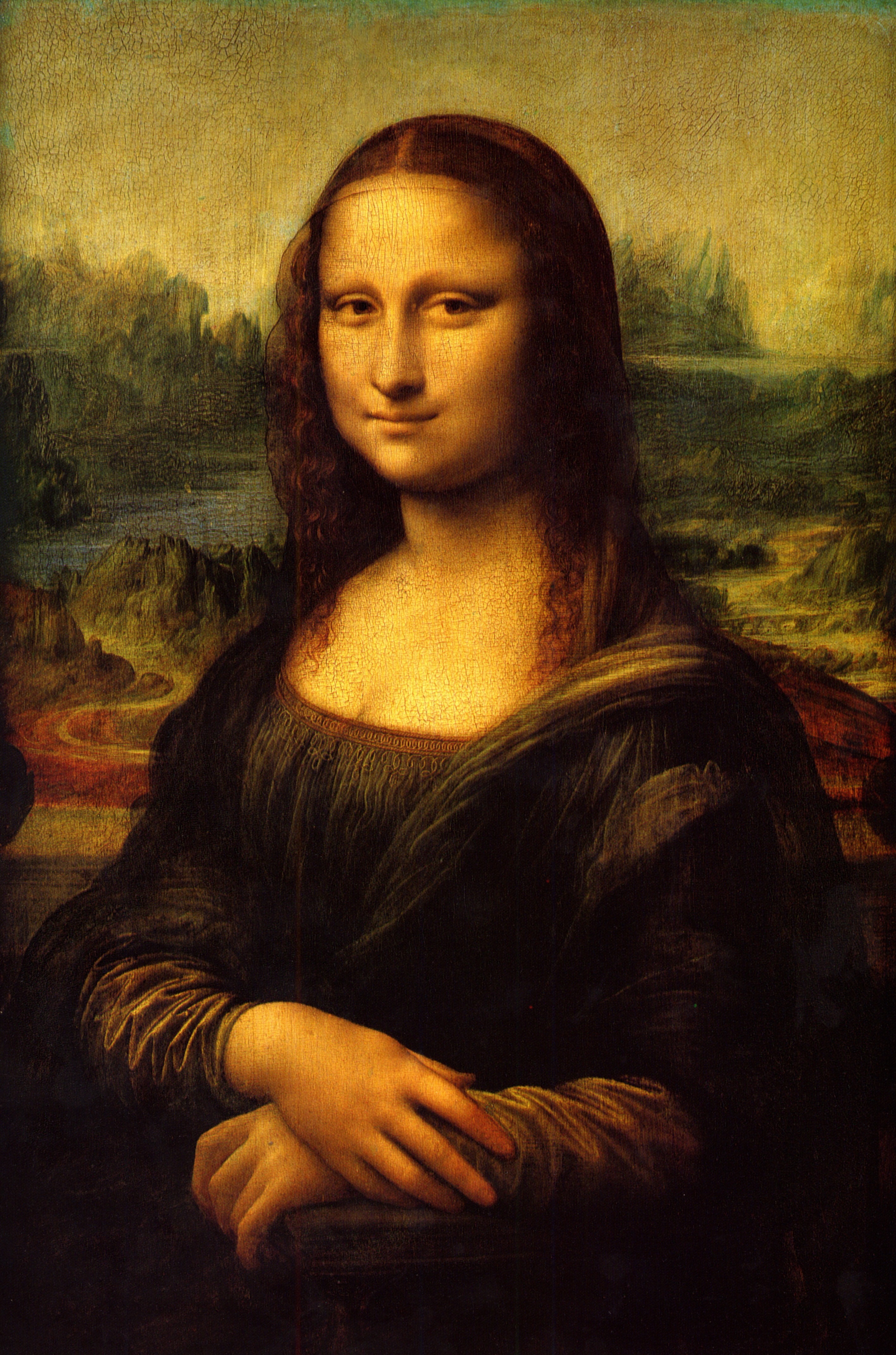Leonardo's Mona Lisa, showing a seated woman with folded hands before a distant winding landscape.