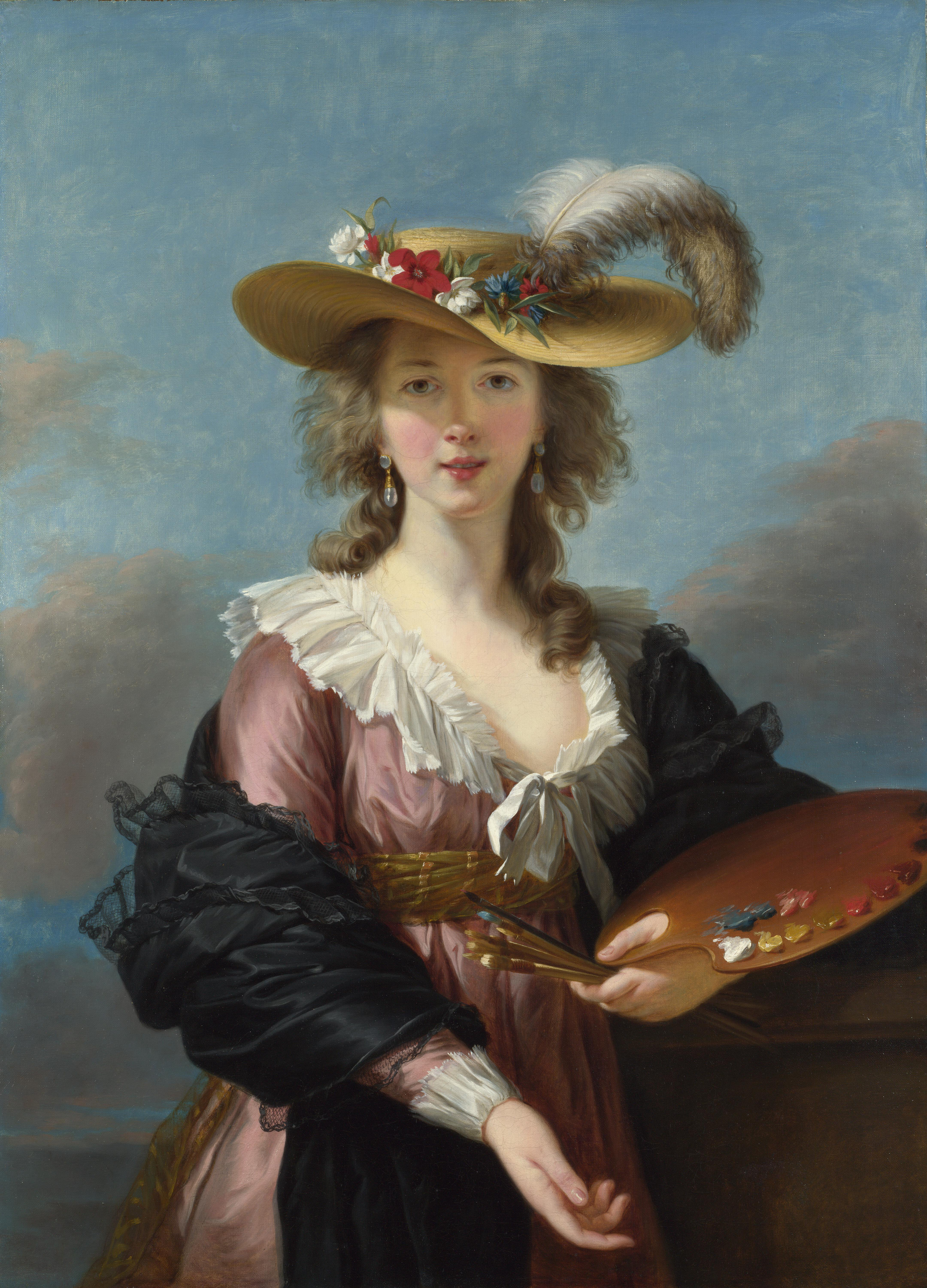 Vigée Le Brun's self portrait, showing the artist in a flowered straw hat holding a palette and brushes beneath a blue sky.