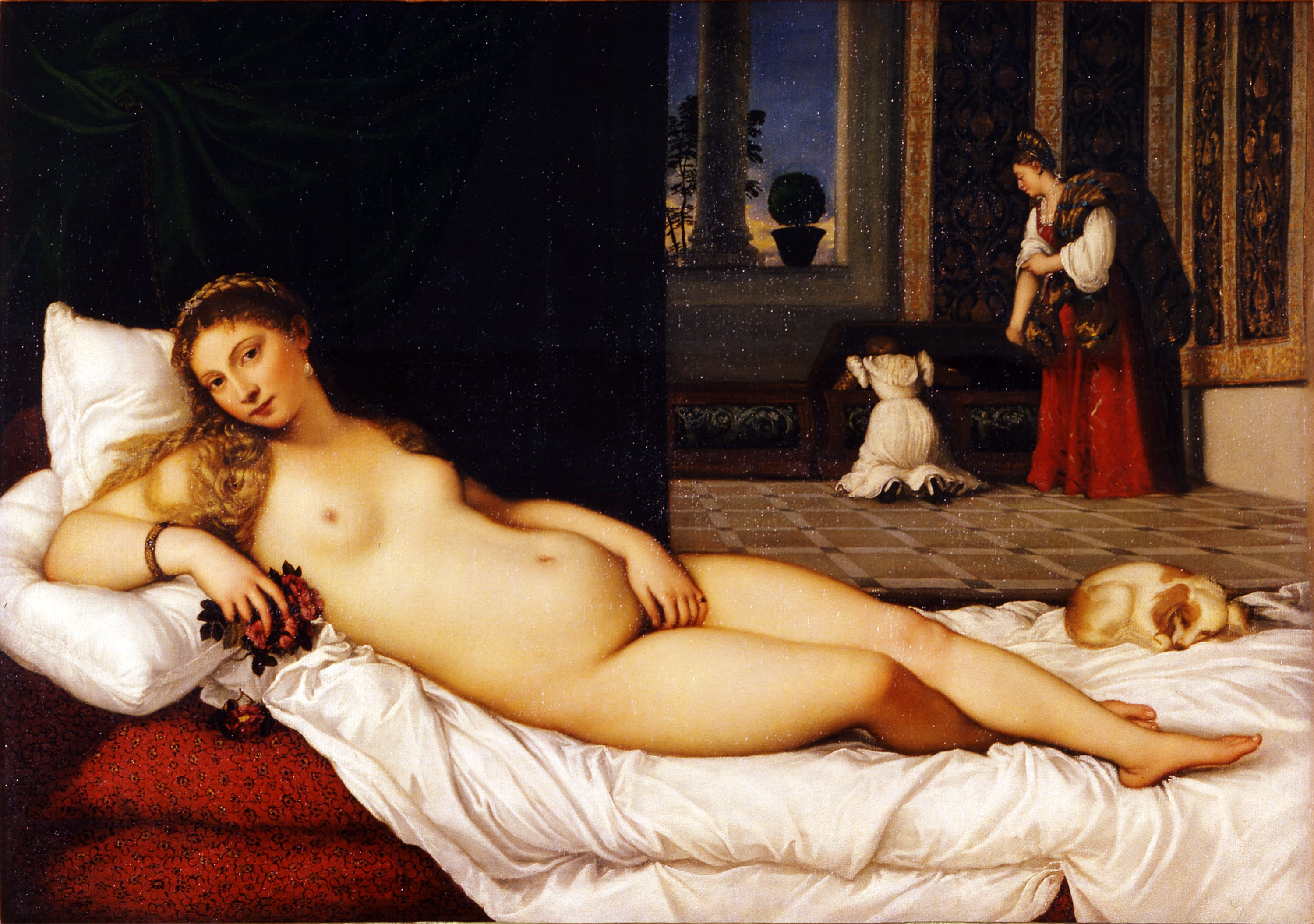 Titian's Venus of Urbino, with a nude woman reclining on a bed, a small dog at her feet and two attendants behind her.