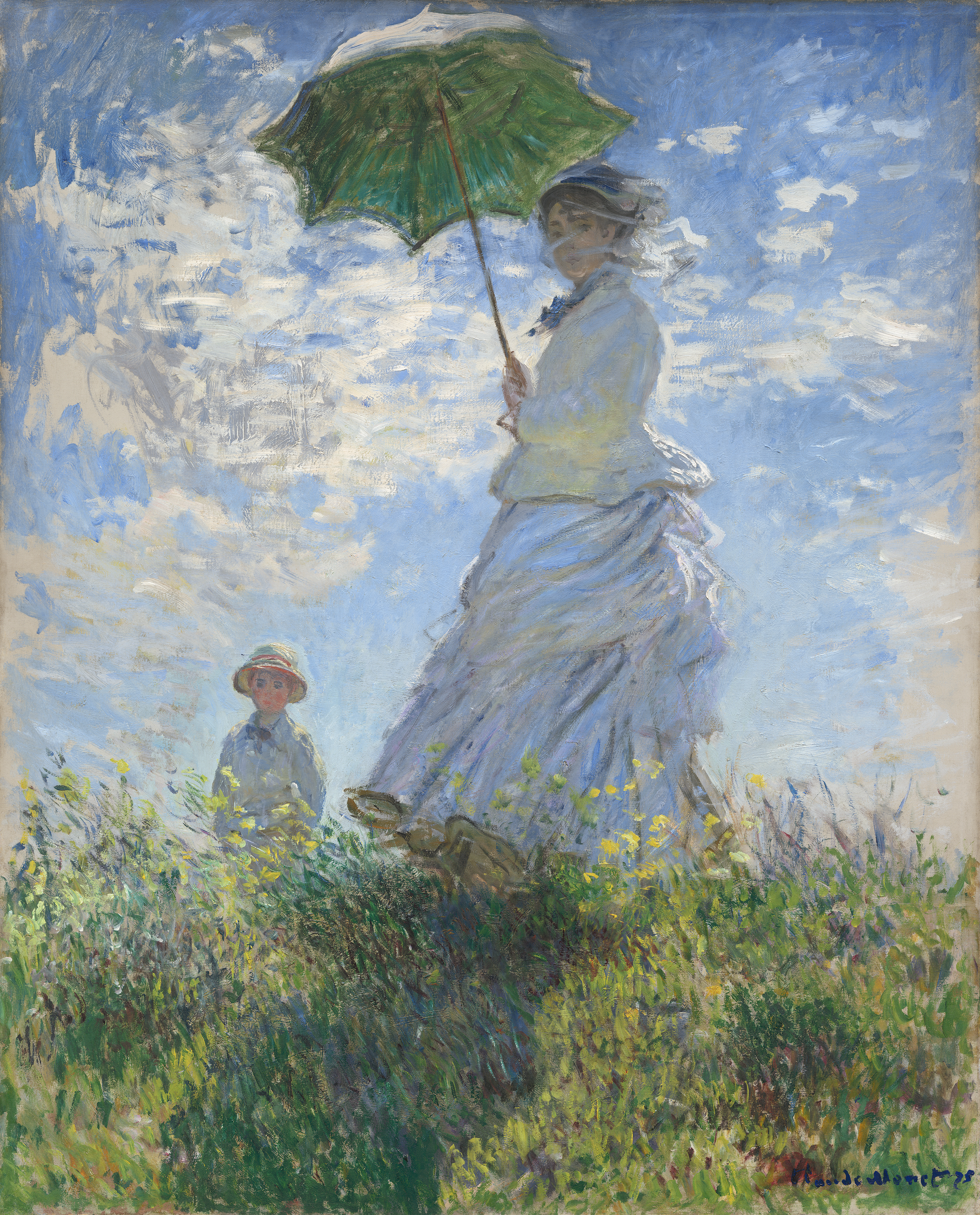 Monet's Woman with a Parasol, showing a woman in a white dress holding a green parasol on a windy hill with a boy behind her.