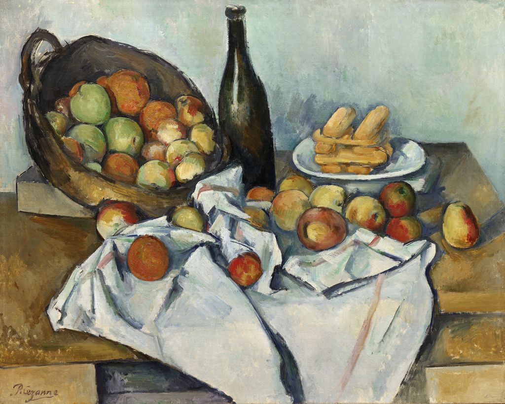 In Cézanne’s The Basket of Apples,coloured strokes shape the white cloth and its red border; Art Institute of Chicago,1926.252.
