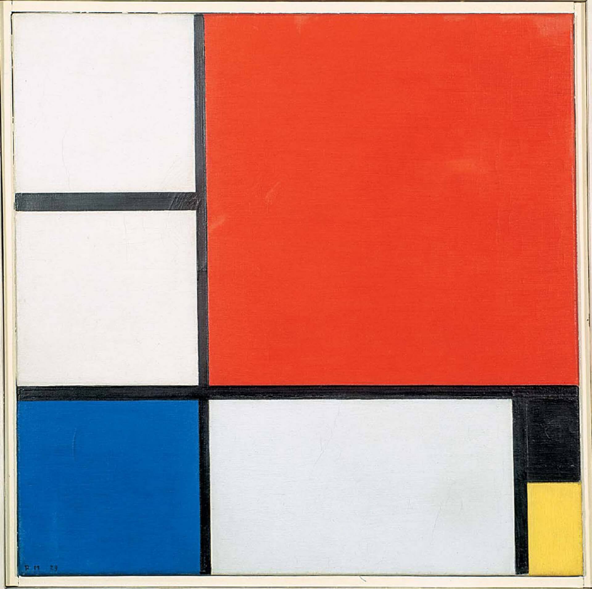 Piet Mondrian, Composition II, 1929: red upper-right field, blue lower-left field, and a black block above the small yellow lower-right field