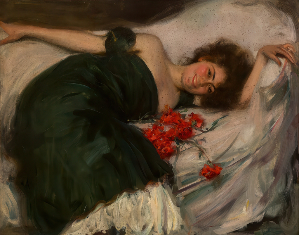 Ramon Casas' Flora, showing a reclining woman with red flowers