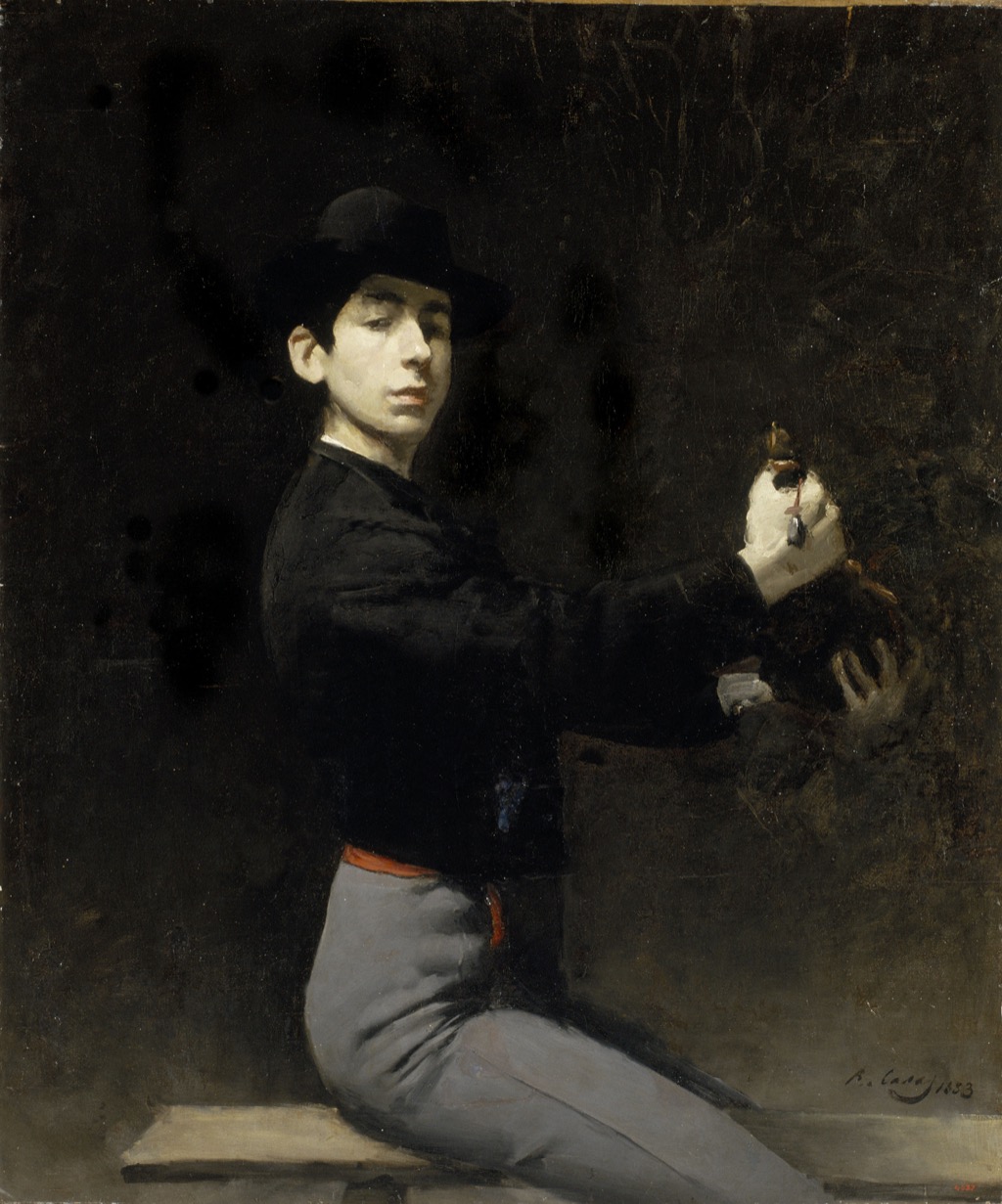 Ramon Casas self-portrait from 1883, showing the young artist seated and holding a brush against a dark background.