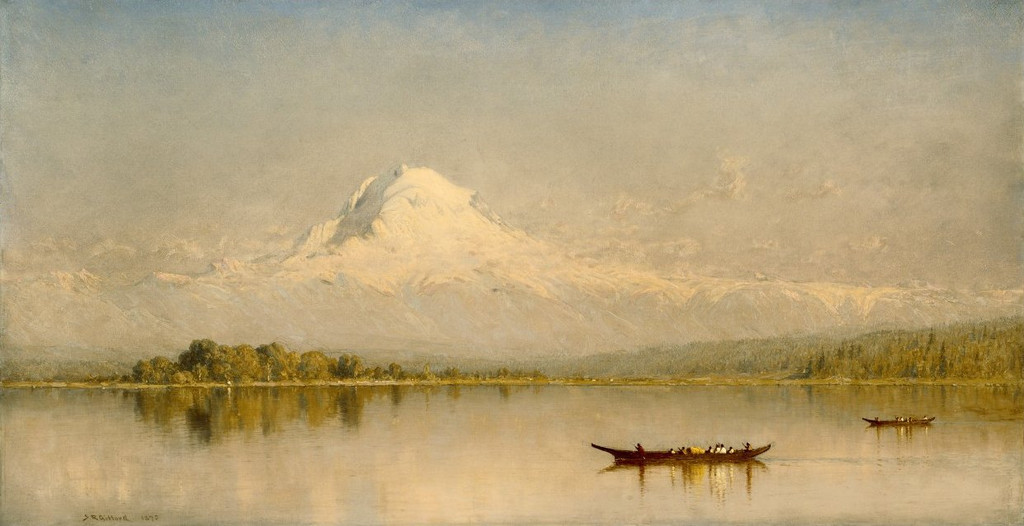 Sanford Robinson Gifford, Mount Rainier, Bay of Tacoma—Puget Sound, 1875. Oil on canvas, 53.34 × 102.87 cm. Seattle Art Museum, 90.29.
