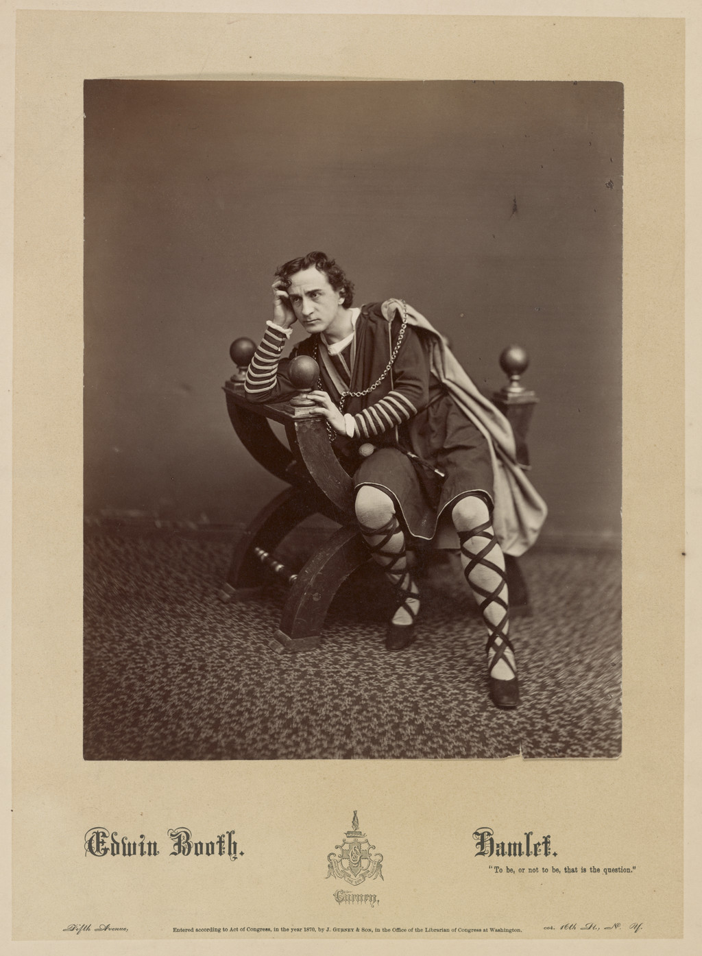 Edwin Booth as Hamlet, photographed by J. Gurney & Son, circa 1870. This later theatrical portrait does not document the 1865 exhibition.