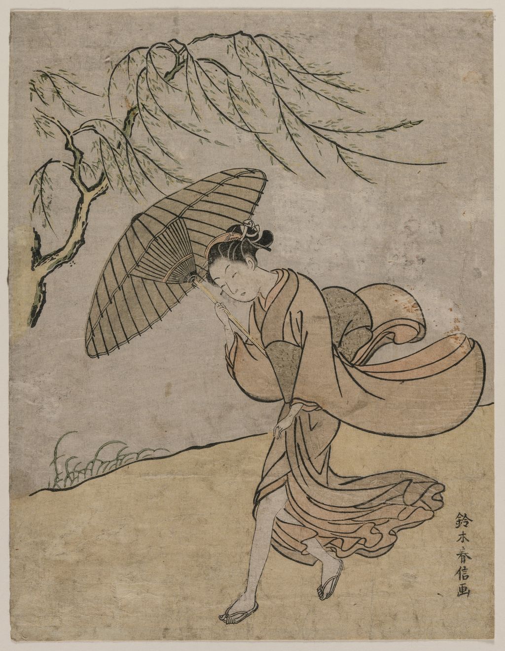 《Woman Running Past a Willow Tree in a Breeze》