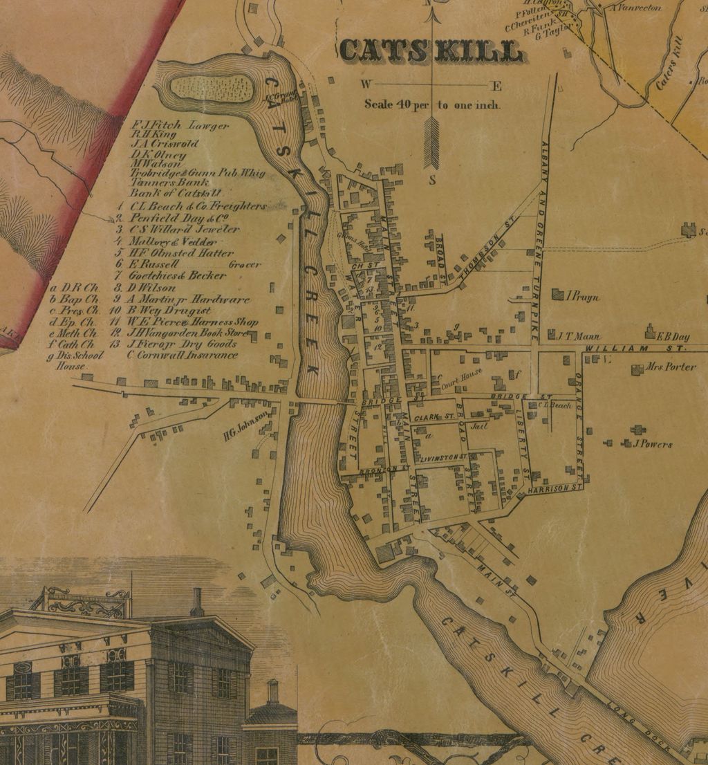 Detail of an 1856 map showing Catskill streets, buildings and the course of Catskill Creek