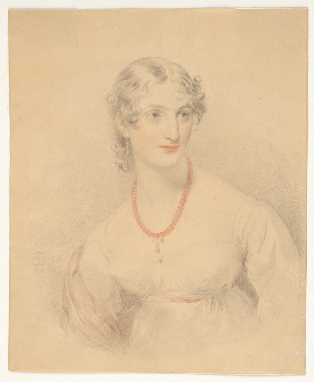 Thomas Lawrence, Portrait of a Young Lady with an Amber Necklace, 1814. Black and red chalk heightened with white on paper. The Metropolitan Museum of Art, Robert Lehman Collection, 1975, 1975.1.886. Public domain / CC0; resized only.