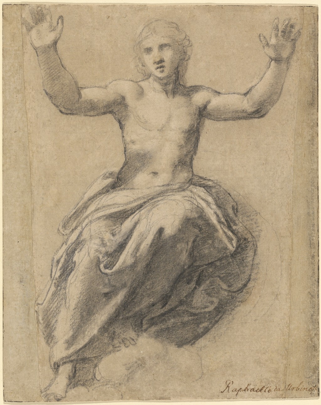 Raphael, Christ in Glory, about 1519–1520, black chalk, grey wash and white heightening on prepared paper, 22.5 × 17.9 cm. Formerly in Thomas Lawrence’s collection; The J. Paul Getty Museum, Los Angeles, 82.GG.139. Public domain / Getty CC0, via Wikimedia Commons; resized.