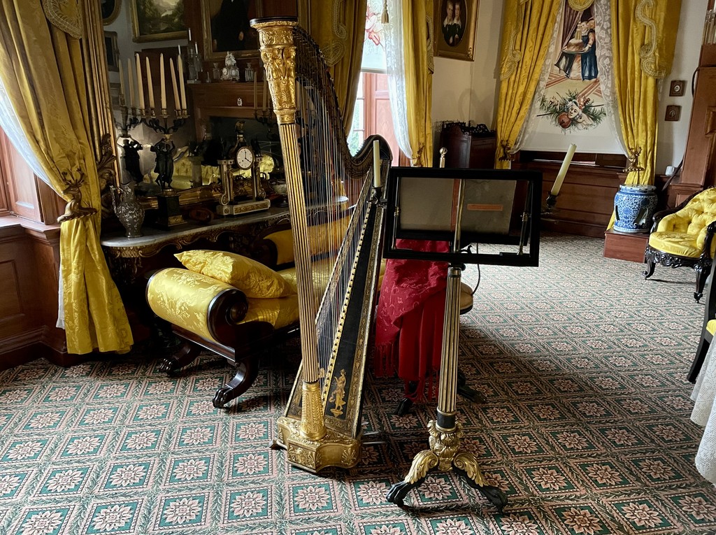 Eliza Ridgely’s surviving double-action Erard harp, HAMP 2598, in Hampton’s Music Room after conservation in 2023. It is distinct from the single-action harp in Sully’s portrait. National Park Service; no claim to original U.S. Government works.