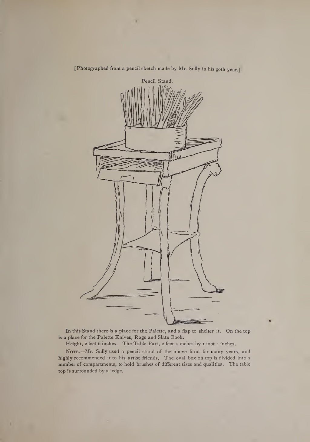 Pencil stand in Hints to Young Painters, 1873. The original caption identifies a photograph of Sully’s pencil sketch, made in his ninetieth year. Complete published page; public domain.