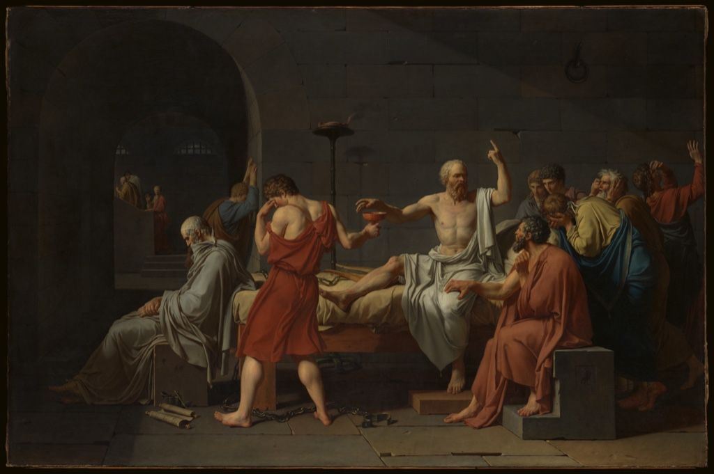 Jacques-Louis David's Death of Socrates on a broad horizontal canvas.