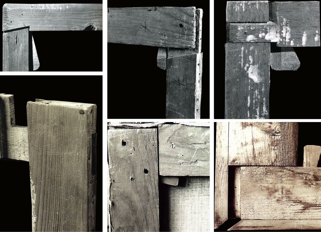 Comparative plate showing several historical wooden stretcher and strainer corner systems.
