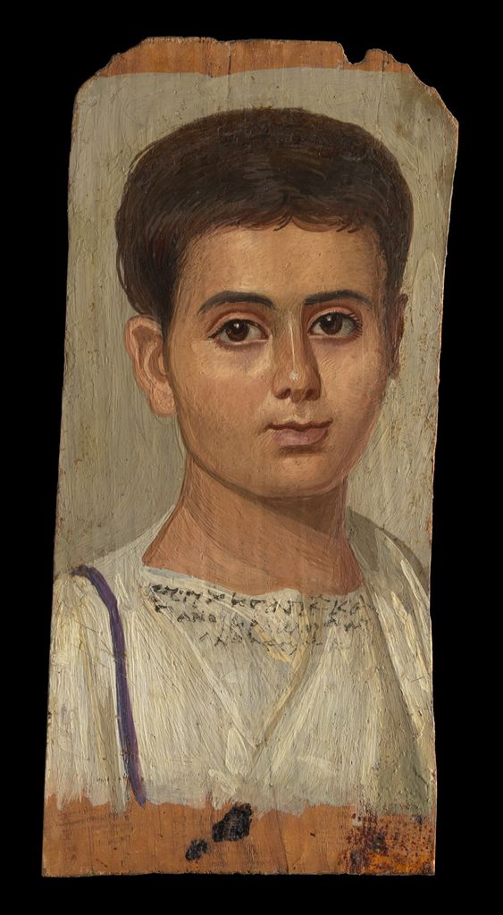 Encaustic portrait of the boy Eutyches with large eyes and short dark hair.