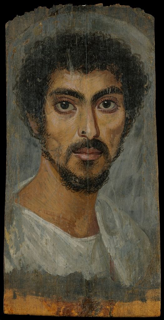 Encaustic portrait of a bearded man with a small mole on his nose.
