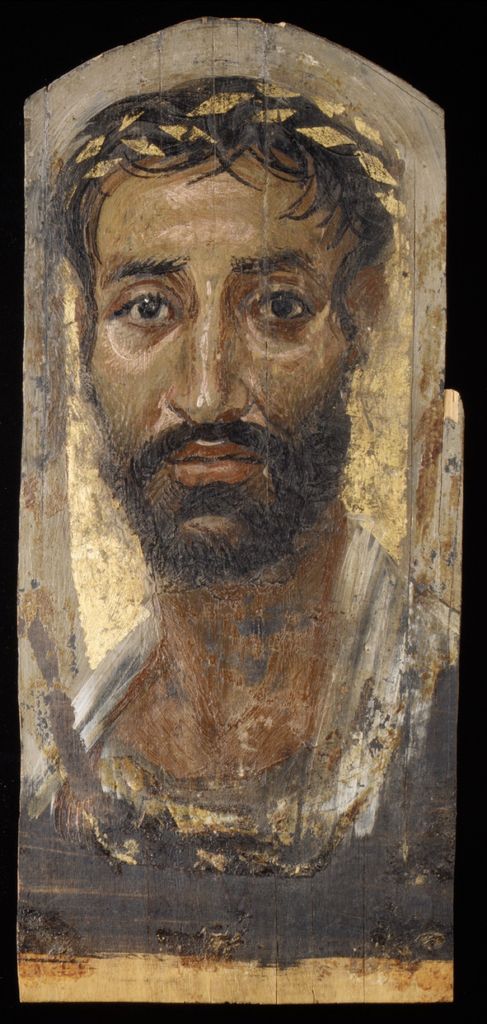 Encaustic portrait of a thin-faced man with free dark brushwork and gold leaf.
