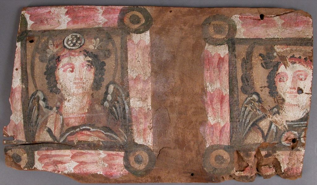 Late antique encaustic wooden panel with two frontal winged figures.