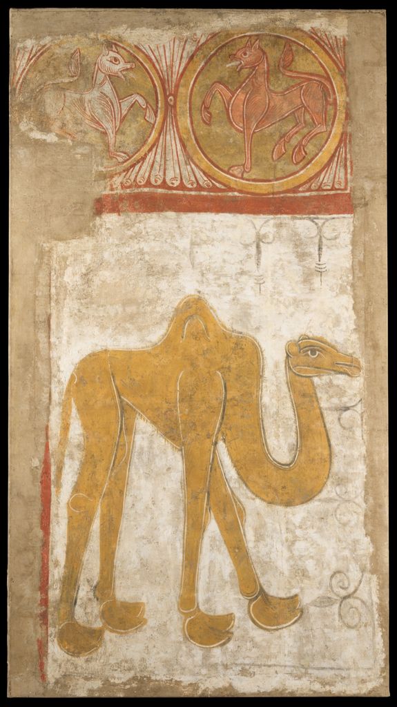 Romanesque fresco fragment with a long-necked patterned camel.