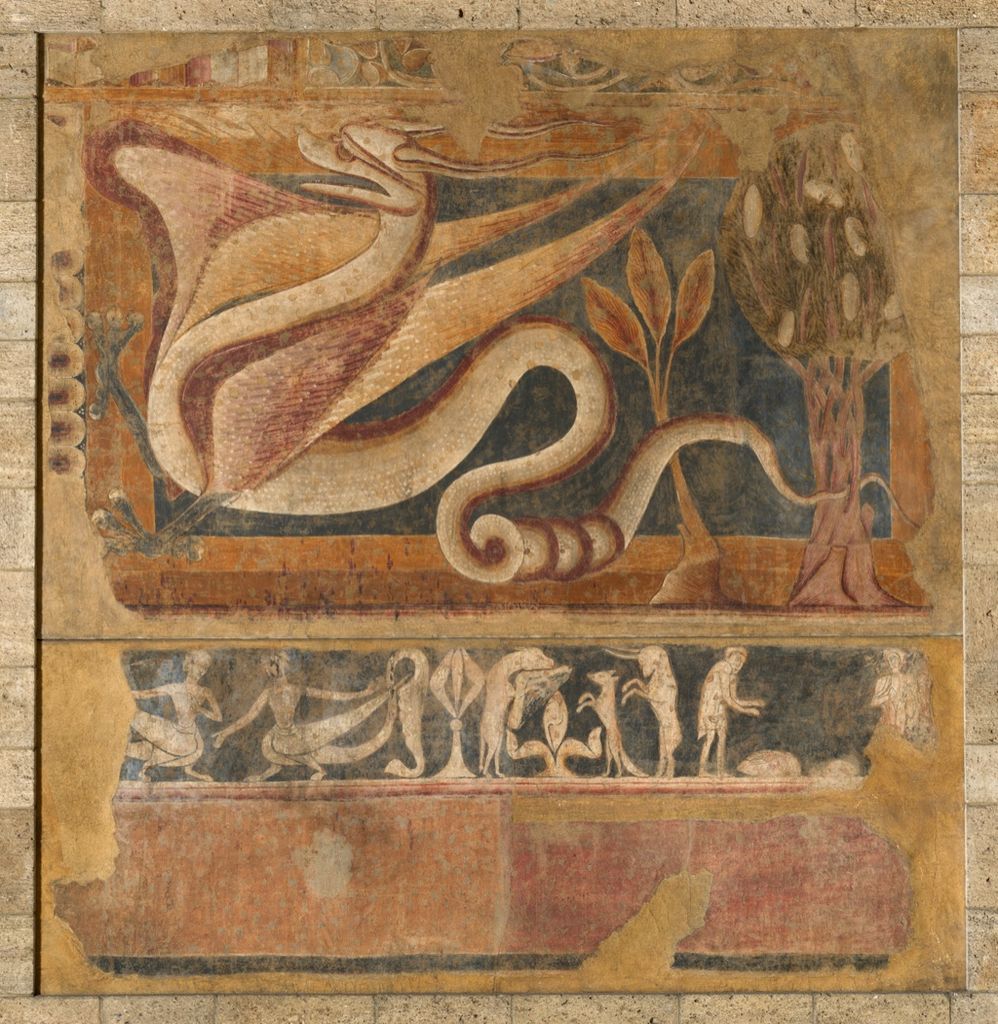 Medieval fresco of a winged dragon coiling within a decorative border.