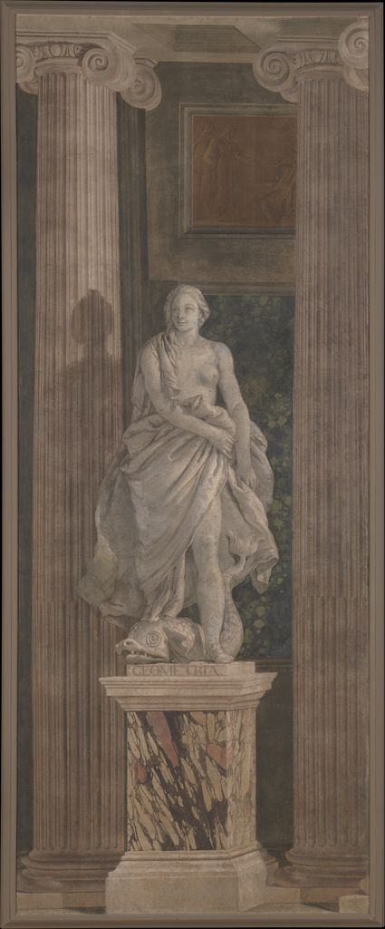 Tiepolo fresco figure of Geometry floating among pale clouds and drapery.