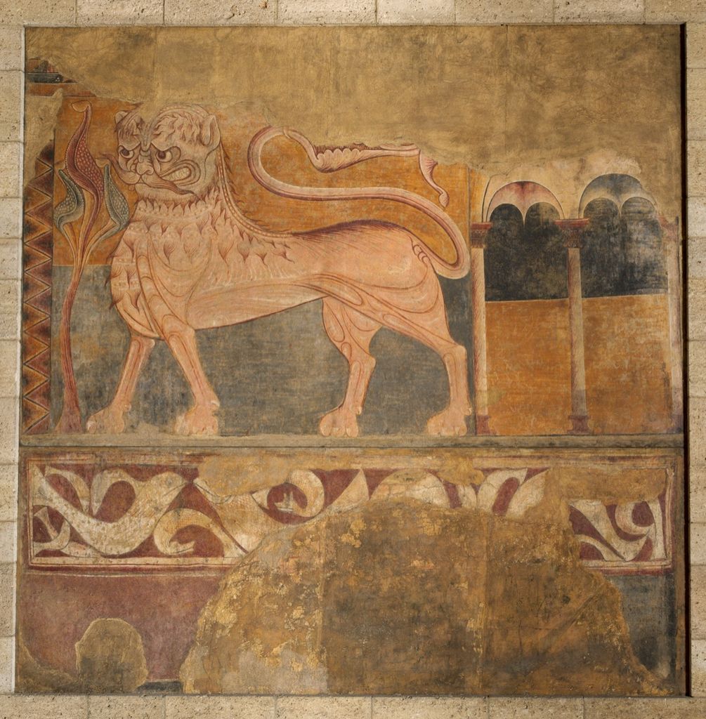 Medieval fresco of a stylised lion striding within a rectangular border.