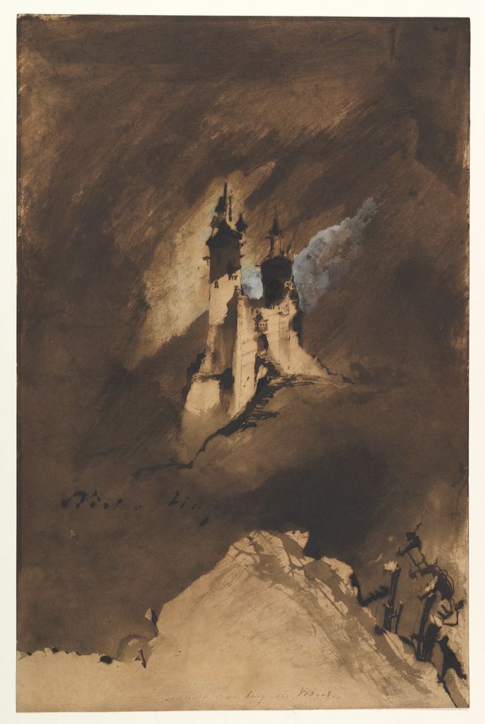 Victor Hugo ink fantasy of a pale castle emerging through a dark atmospheric wash.