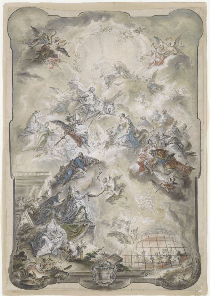 Decorative design with saints and the Virgin rising through clouds inside an ornamental frame.