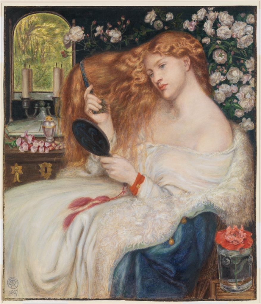 Rossetti bodycolor painting of a woman combing long hair amid flowers and rich furnishings.