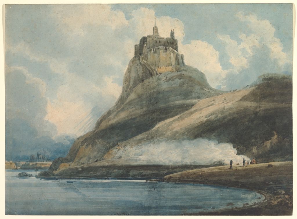 Girtin bodycolor landscape of a castle on a dark rocky height beneath open sky.