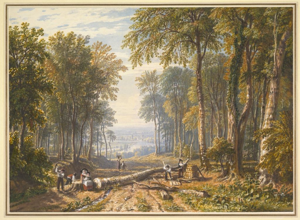 British landscape with foreground woodcutters, tall trees and a distant river.