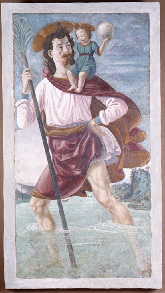 Ghirlandaio's fresco fragment shows Saint Christopher carrying the infant Christ.