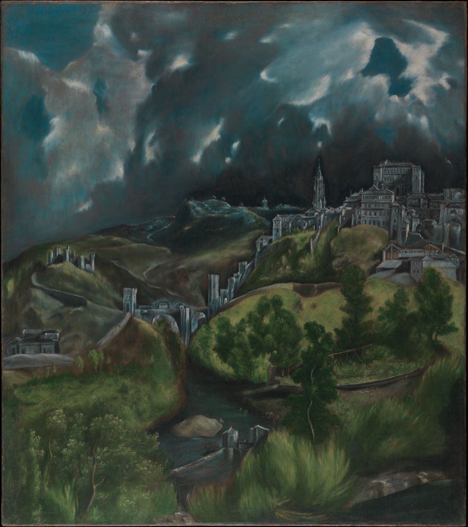 El Greco oil landscape of Toledo beneath a turbulent dark sky.