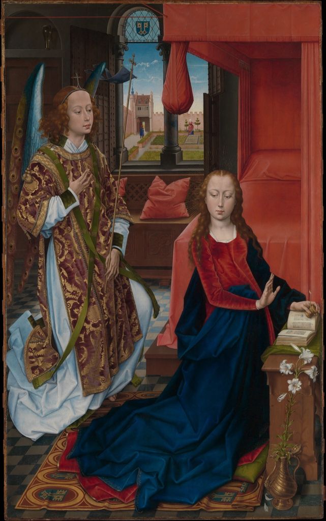 Oil-painted Annunciation taking place in a detailed domestic room.