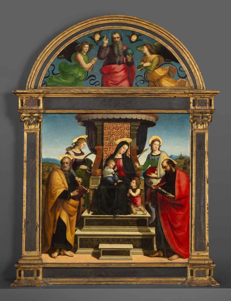 Raphael's Madonna and Child enthroned beneath an architectural canopy with saints and music-making angels.