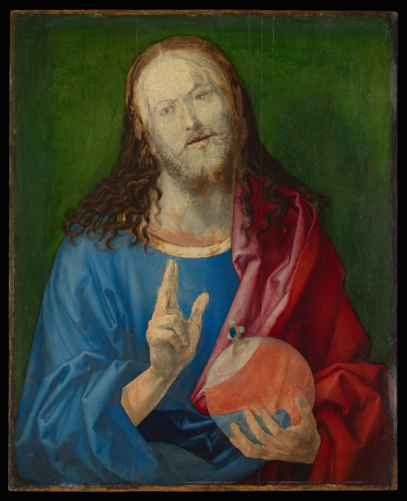 Unfinished Dürer panel with Christ raising a hand in blessing.