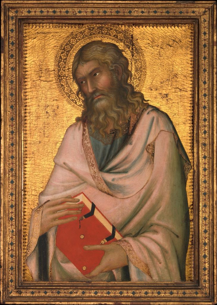 Gold-ground tempera panel showing Saint Andrew holding a book and cross.
