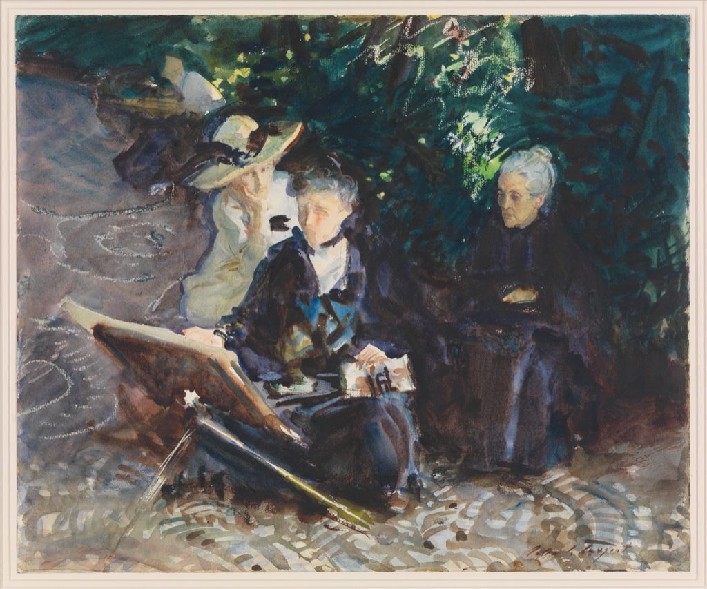 Sargent watercolor of a sunlit Spanish garden with plants, architecture and water.