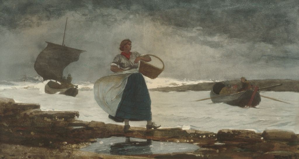 Homer watercolor of a woman carrying a basket through breaking coastal surf.