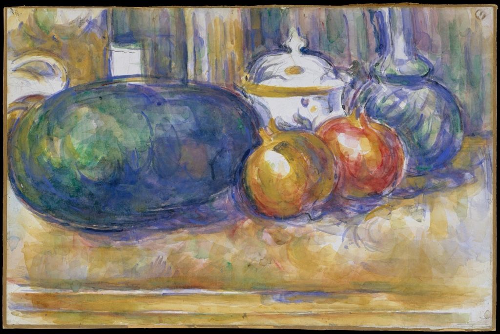 Cézanne watercolor still life with fruit defined by open graphite and patches of colour.