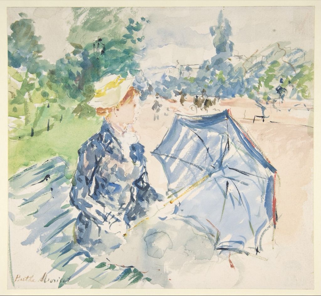 Morisot watercolor of a seated fashionable woman amid loosely washed greenery.