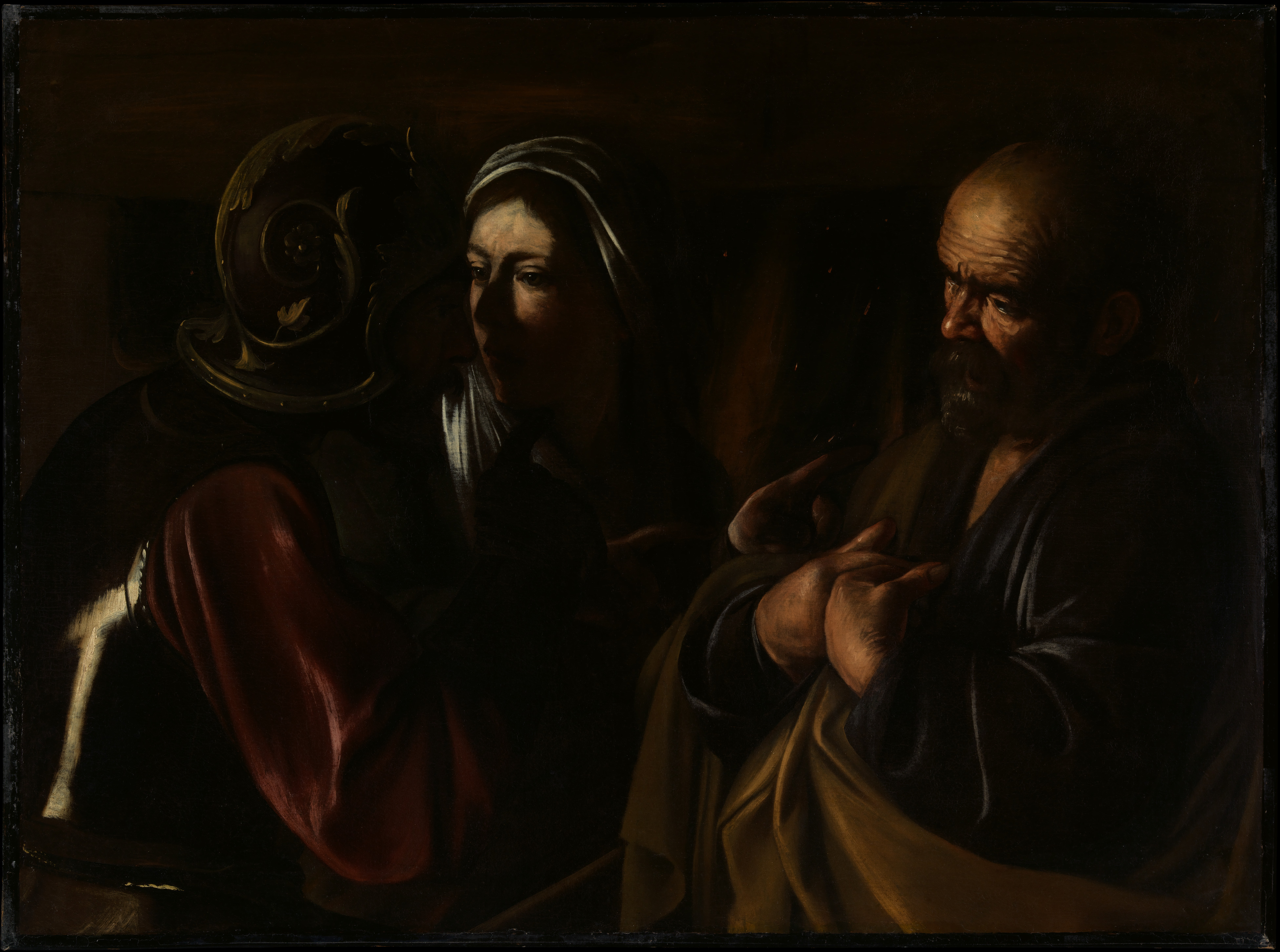 Caravaggio figures gathered in dramatic light during the Denial of Saint Peter.