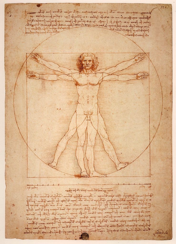 Leonardo da Vinci's Vitruvian Man places a male figure within overlapping circle and square geometries