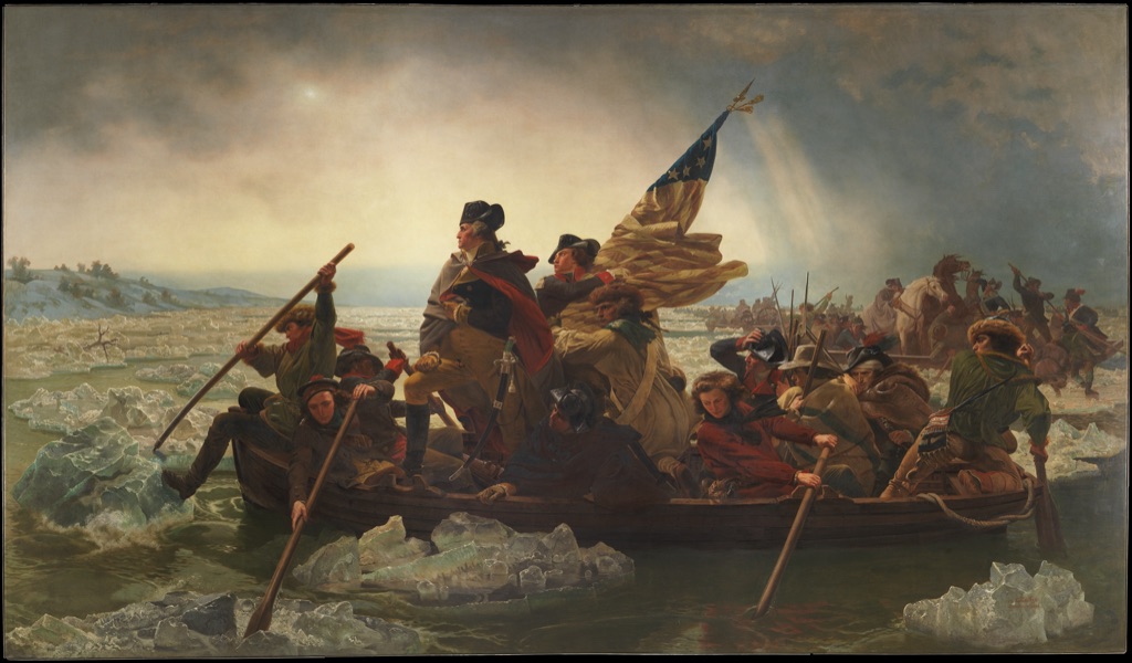Leutze's Washington Crossing the Delaware shows a crowded boat of figures cutting diagonally through icy water beneath a brightening sky.
