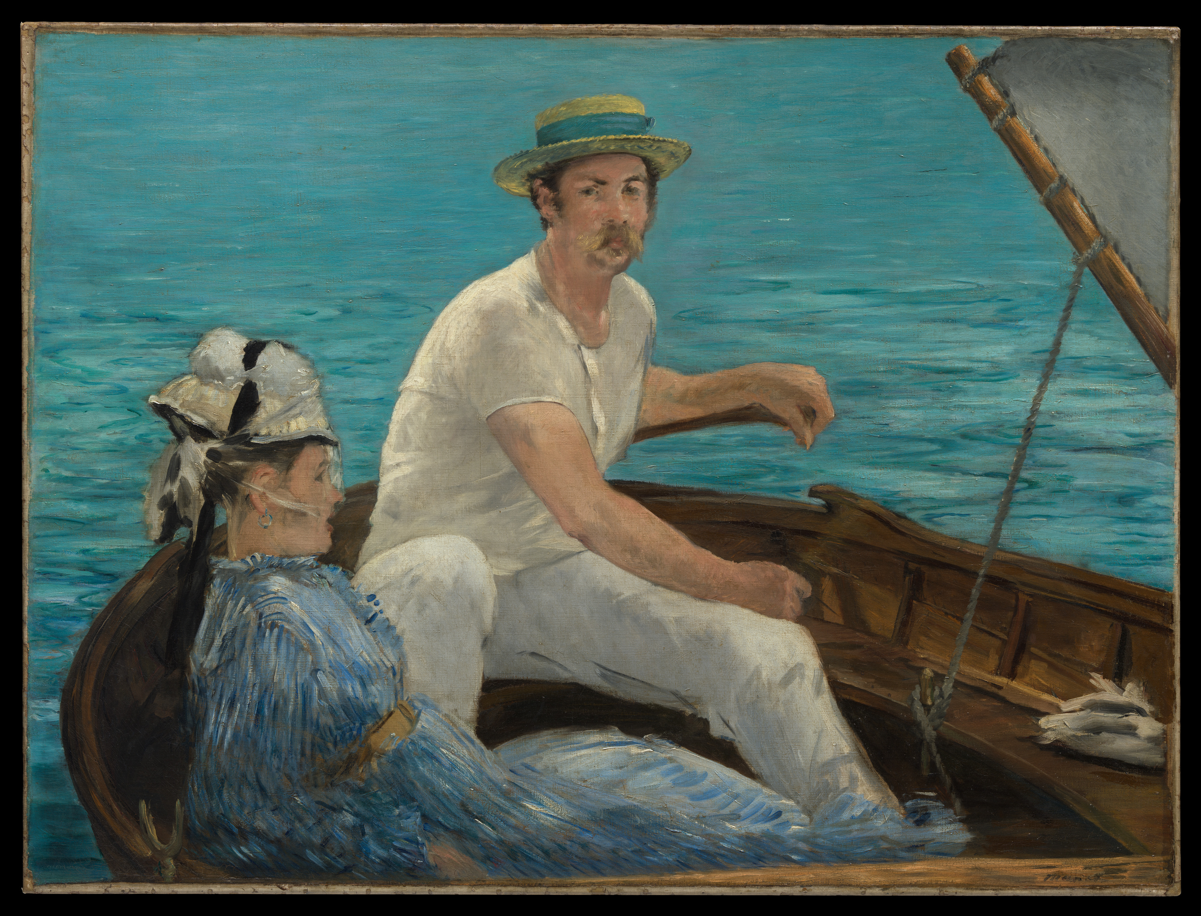 Manet's Boating crops the man and boat at the right and lower edges beneath a large sail.