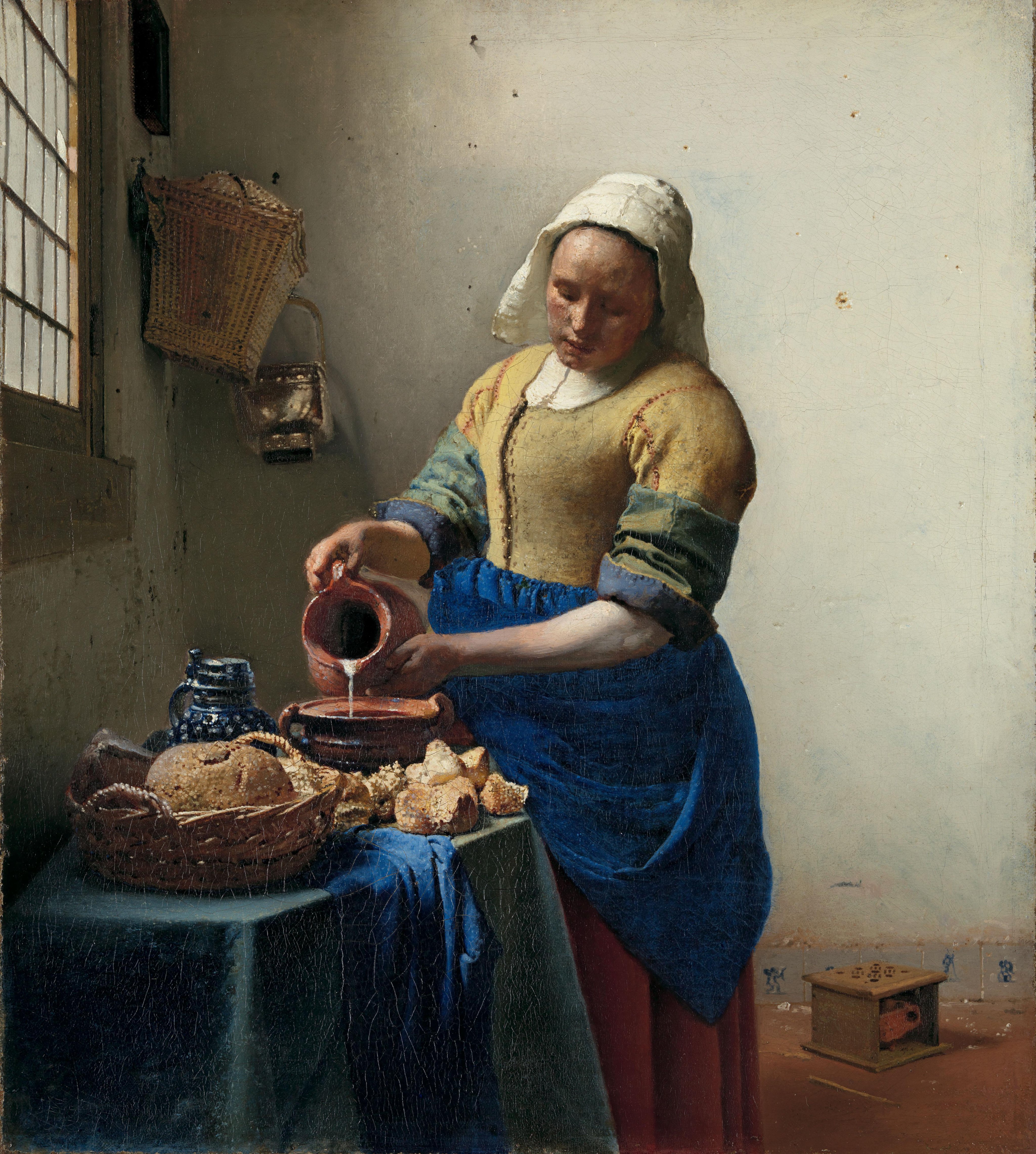 Vermeer's Milkmaid shows one standing figure and a tabletop group against a pale wall.