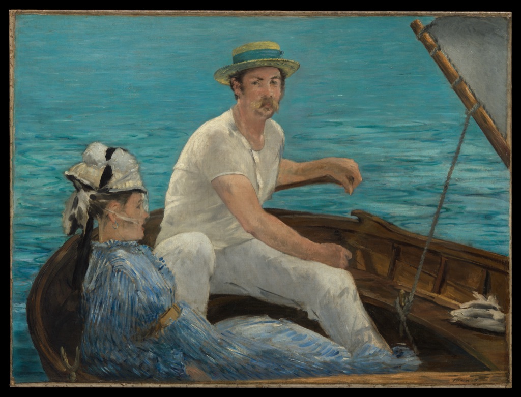 Manet's Boating places two figures and a cropped boat beneath a large pale sail against blue water.