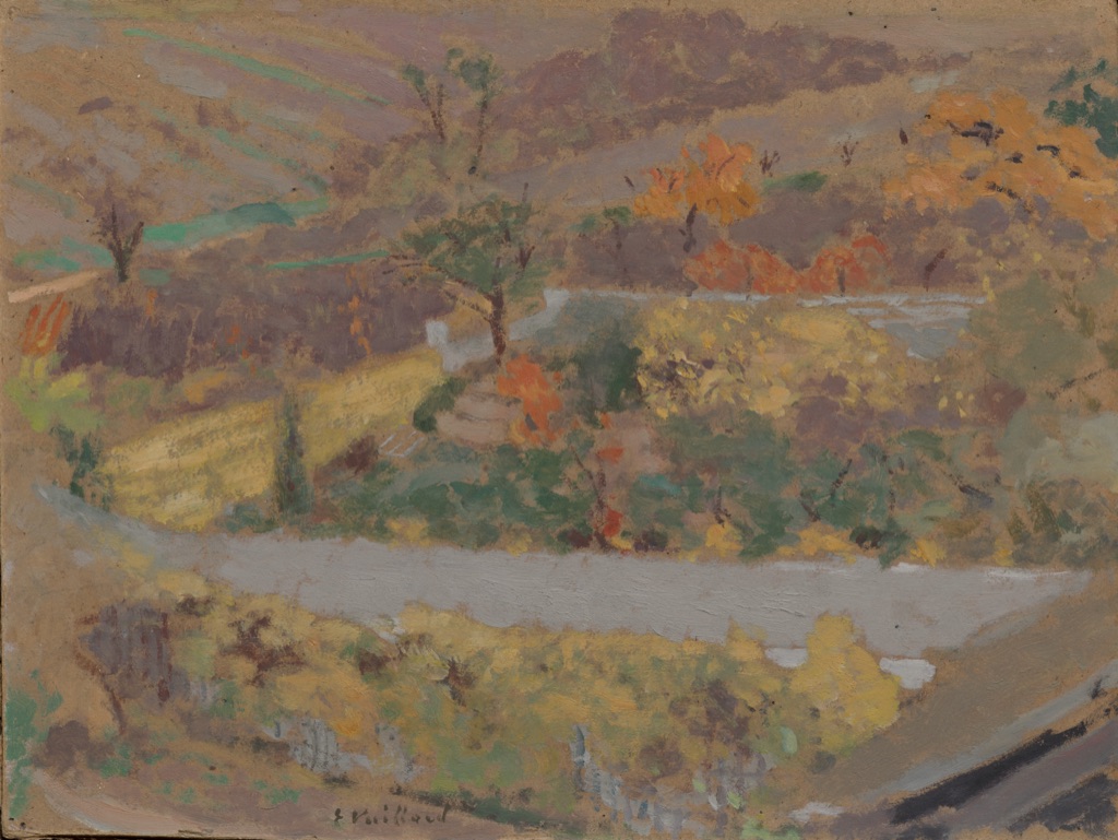 A muted orchard landscape uses broad yellow and brown fields, green trees, small orange foliage and pale gray paths in layered brushstrokes.