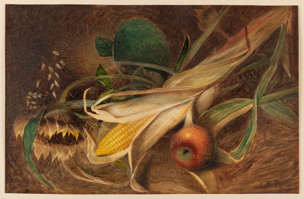 Porter's watercolor shows a yellow ear of corn, red apple, green leaves and warm brown husks against a dark ground.