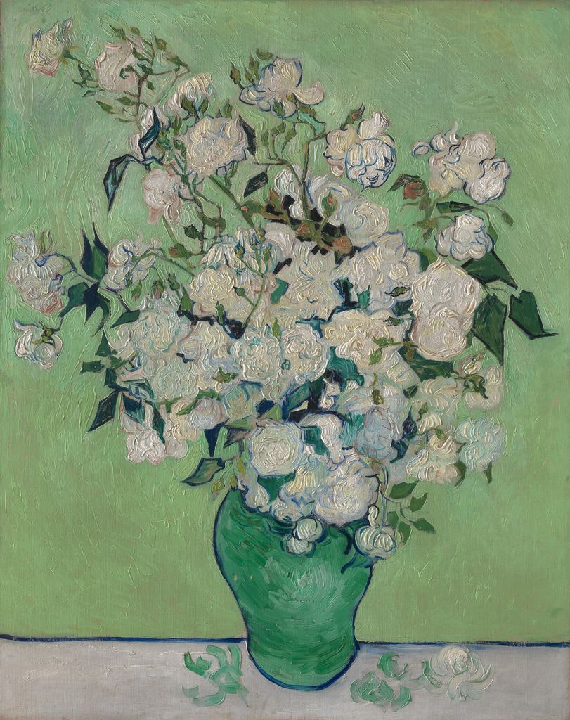 A green vase holds pale roses against a green field; blue contours and dark leaves remain while formerly pink passages have faded.